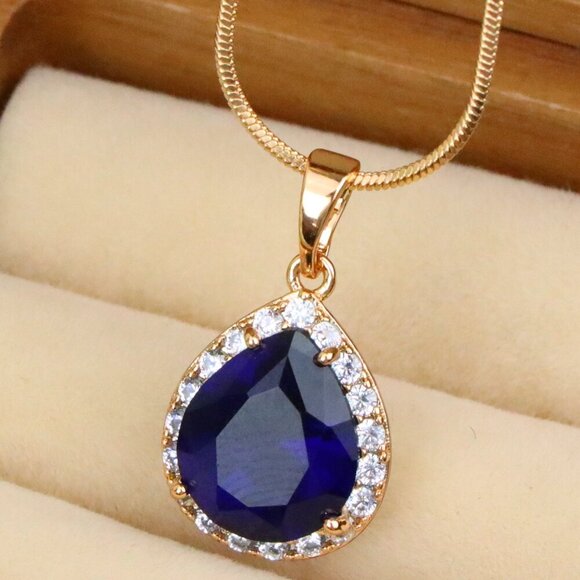 "Teardrop Deep Blue Pendant with Crystal Halo in Rose Gold Finish, XPPT1617 - Picture 1 of 13